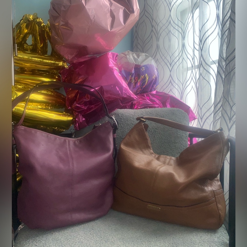 COACH pink leather bucket duffel & tan shoulder bag